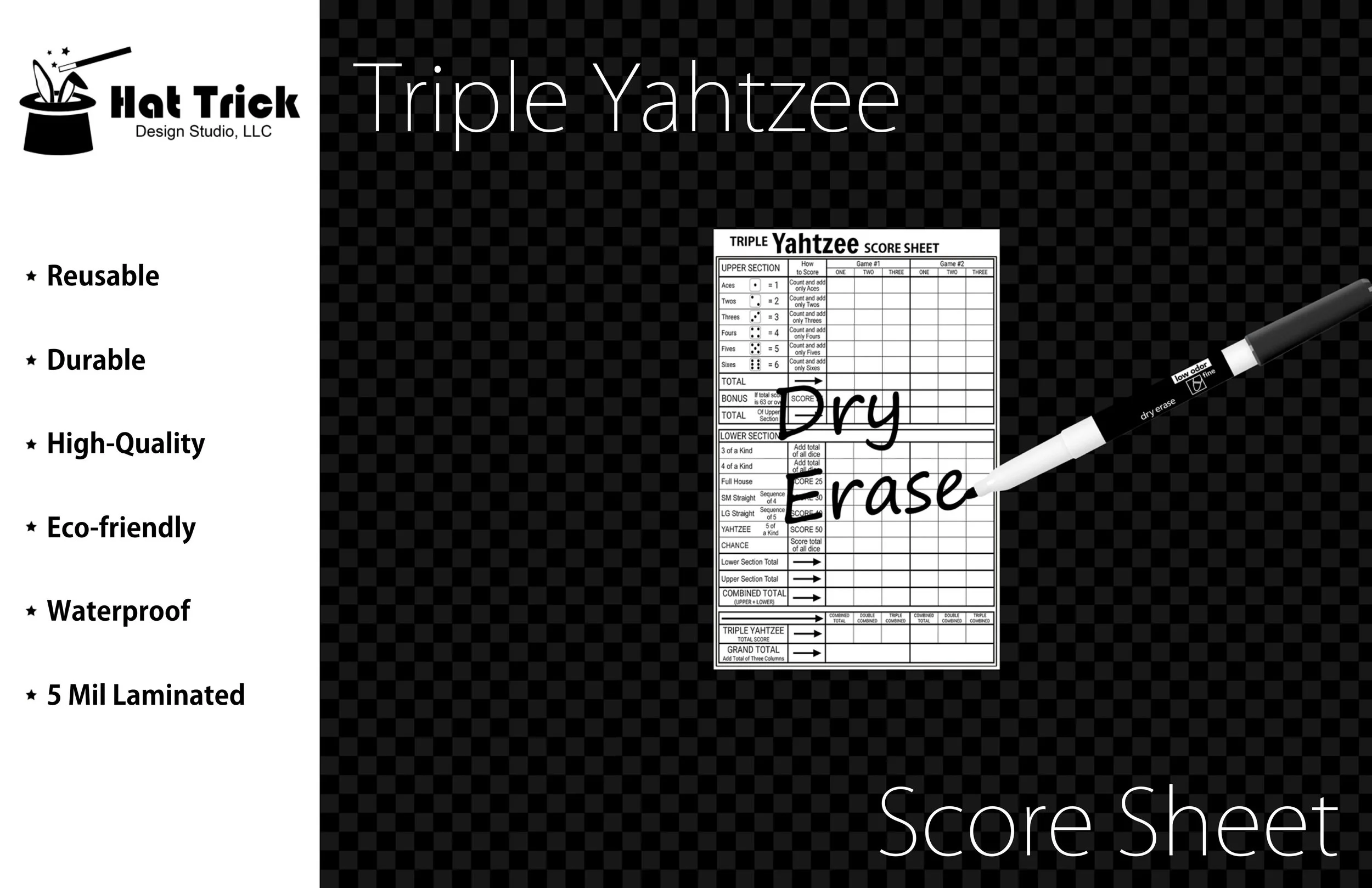 Laminated Triple Yahtzee Score Sheet, Waterproof, Reusable, Wet Erase and Dry Erase