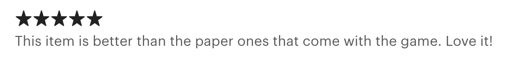 Five-star review text praising an item for being better than typical paper versions, expressing love for it.