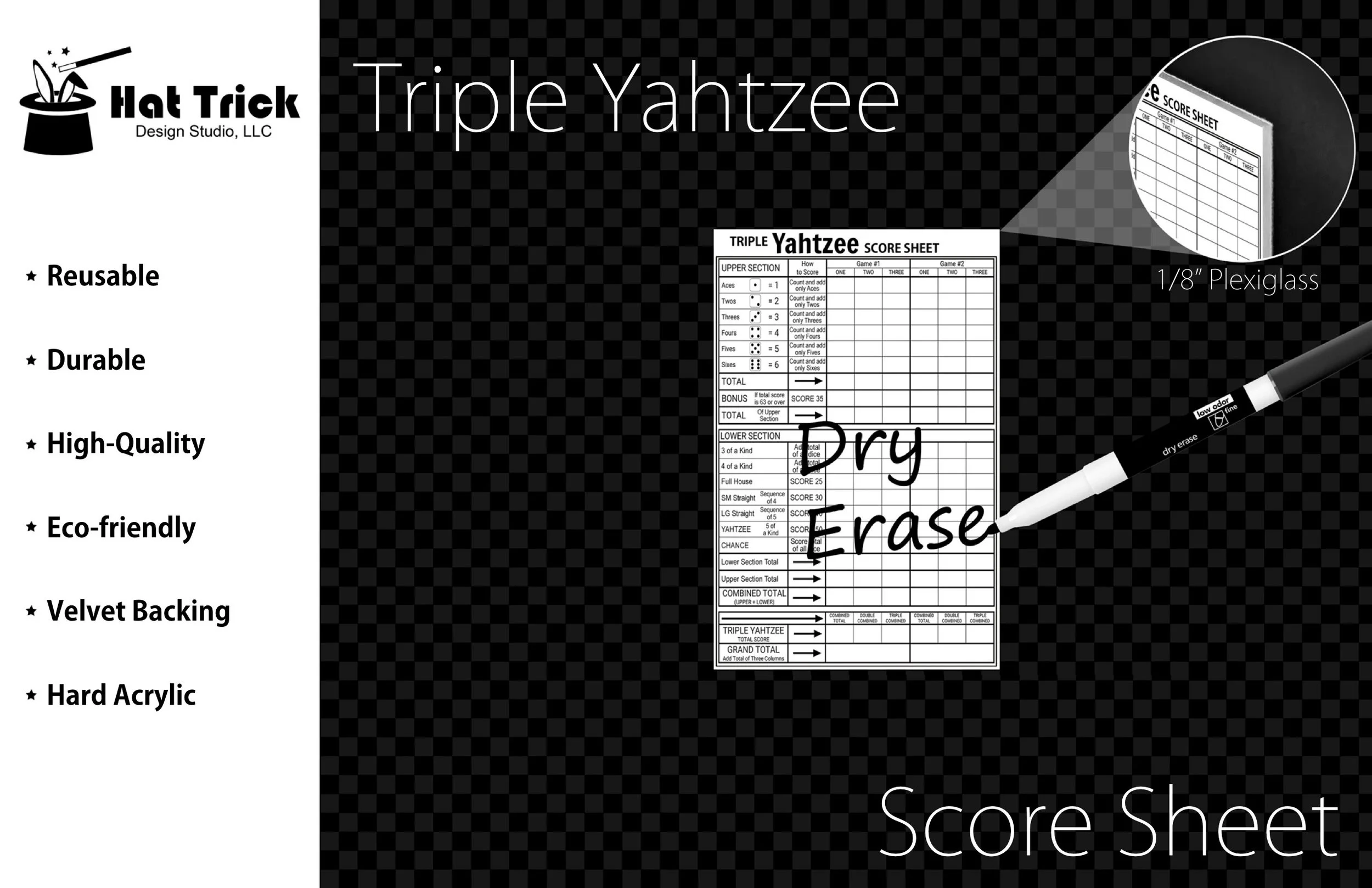 Premium Acrylic Triple Yahtzee Score Sheet Upgrade, Reusable, Wet Erase and Dry Erase