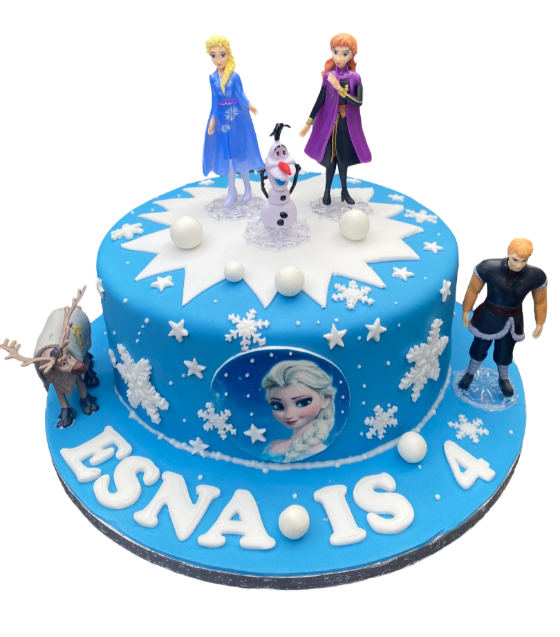 Blue birthday cake with snowflake and star decorations, featuring figures of Elsa, Anna, Olaf, Sven, and Kristoff from Frozen; the cake has the name "EsnA" and the number "4" on it.