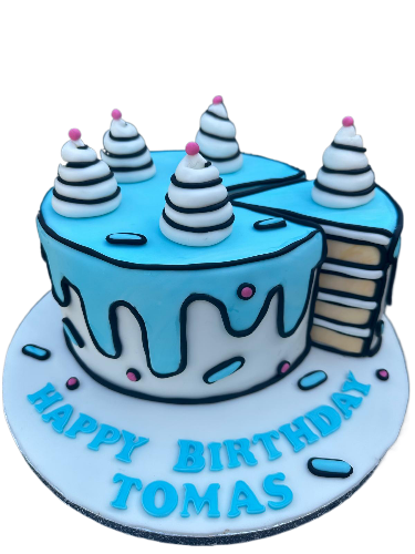 A blue birthday cake with black and white drips and six white frosting cones topped with pink balls. The cake has a slice cut out, and it's decorated with small pink and blue decorations. The message on the cake reads, 'HAPPY BIRTHDAY TOMAS' in blue 