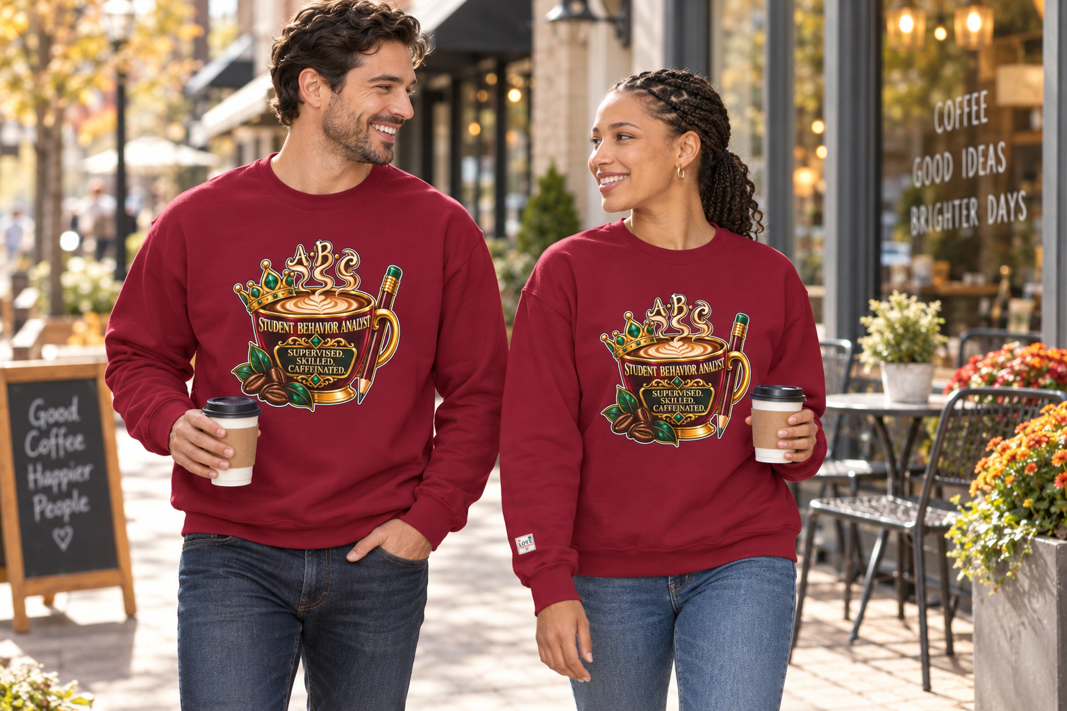 Two people smiling and walking outside a coffee shop, each holding a disposable coffee cup, wearing matching red sweatshirts with a graphic of a coffee mug with a crown, coffee beans, and a pencil, with the words "Student Behavior Analyst" and "Supervised, Skilled, Caffeinated."
