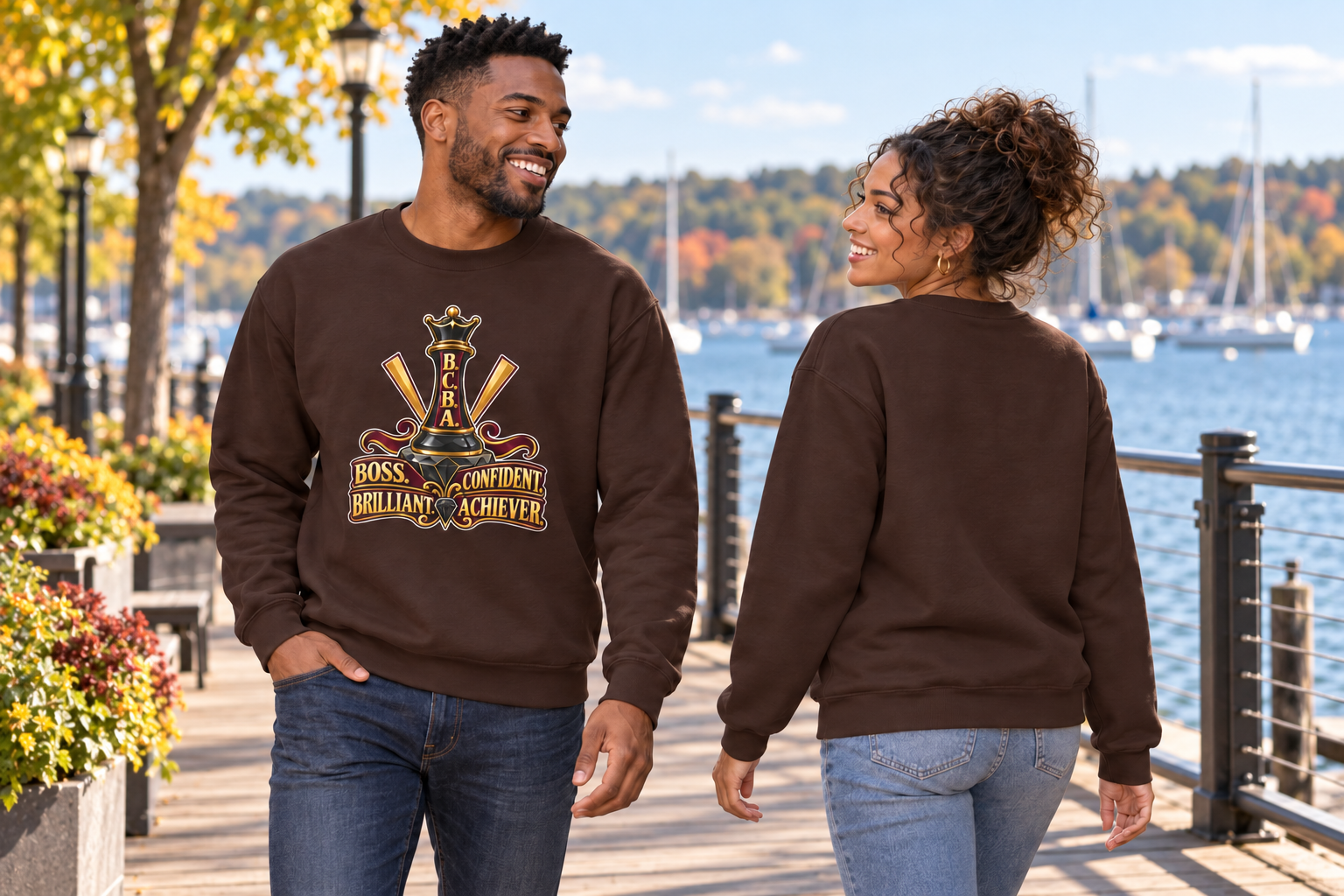 A smiling man and woman walking on a waterfront walkway surrounded by autumn trees and flowers, wearing matching brown B.C.B.A sweatshirts.