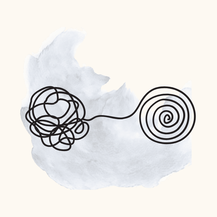 A minimalist illustration of a tangled, messy black thread on the left connected to a neat spiral on the right, against a light background with a watercolor texture representing anxiety.