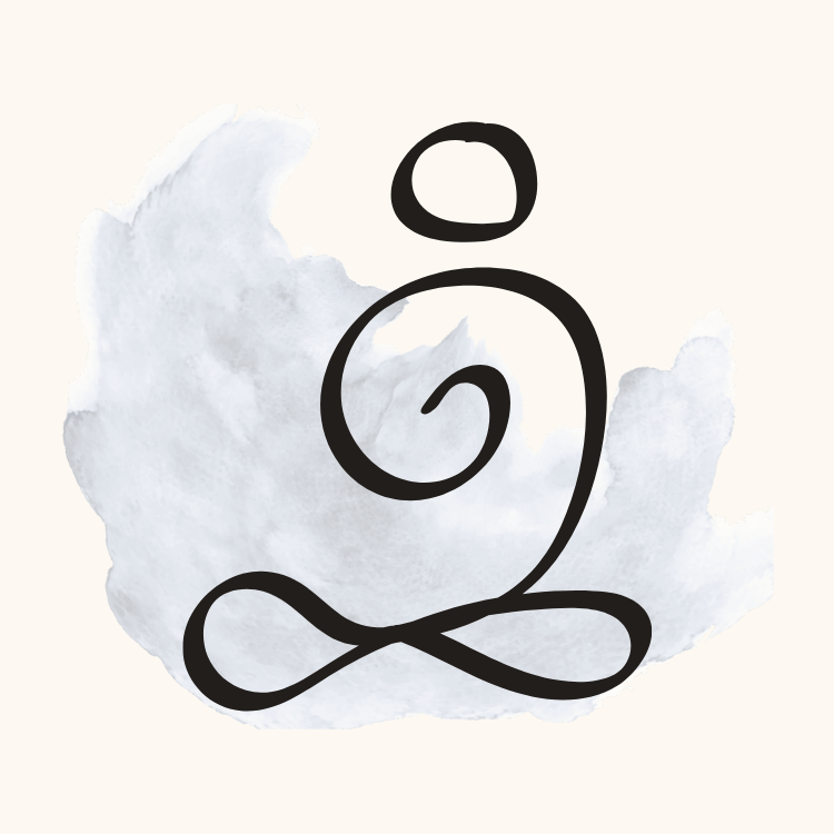 A simple black line art drawing of a person sitting cross-legged in a meditation pose, with a watercolor style background representing community and workshops.