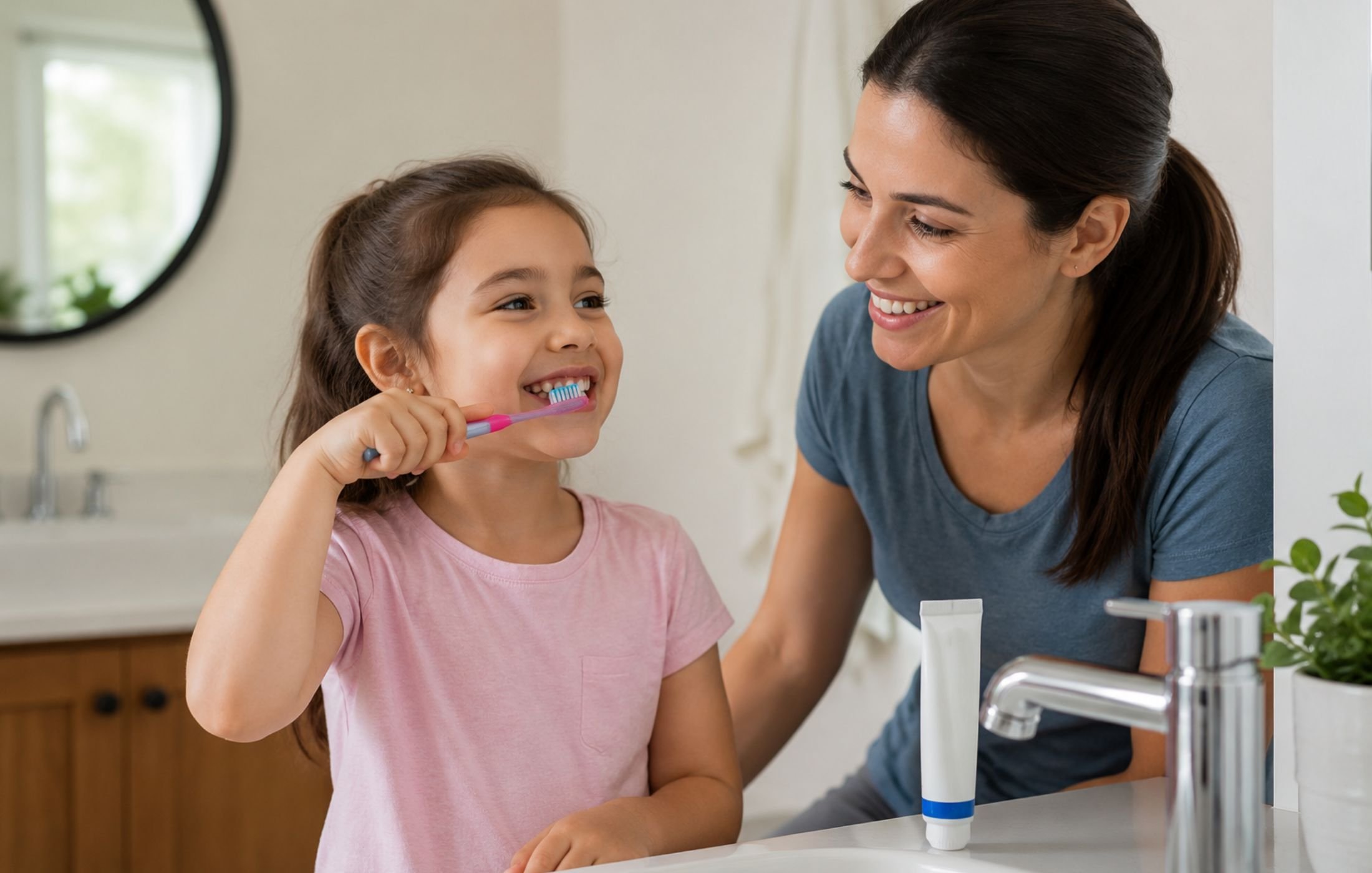 Mother supervising her child brushing teeth at home to help protect tooth enamel and maintain healthy oral hygiene habits.