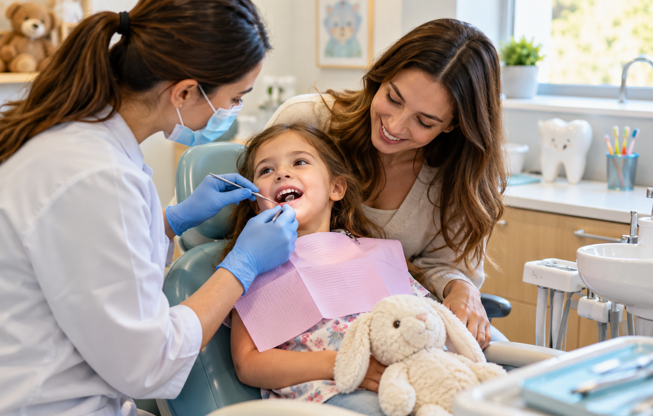 Pediatric dentist examining a young child’s baby teeth during a comfortable dental visit with a parent nearby.