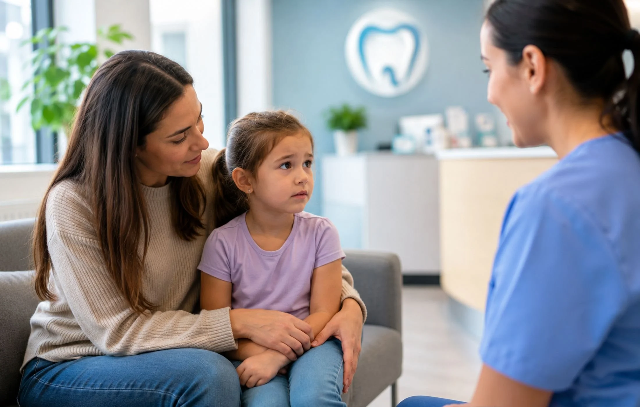 Mother and anxious child speaking with a pediatric dentist about dental anxiety in a family dental clinic