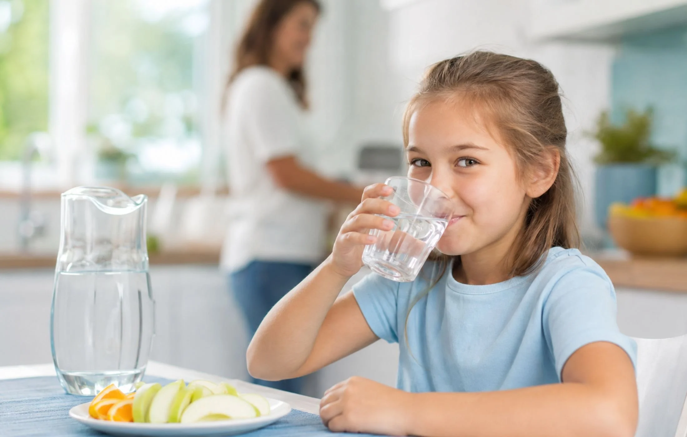 Child drinking water with fresh fruit to support healthy teeth and gums.