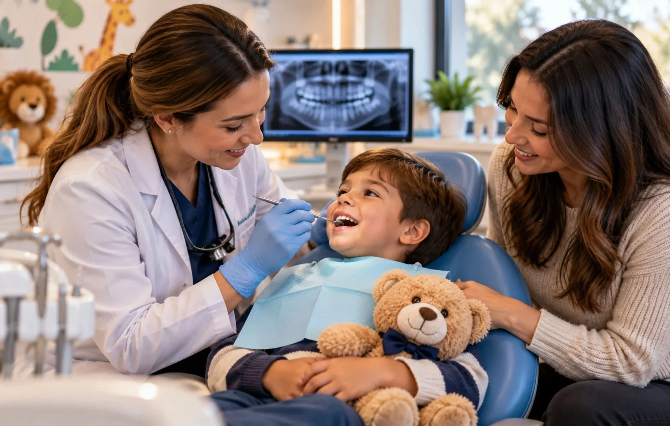 Pediatric dentist examining a young child’s teeth during a routine dental checkup while a parent offers support nearby.