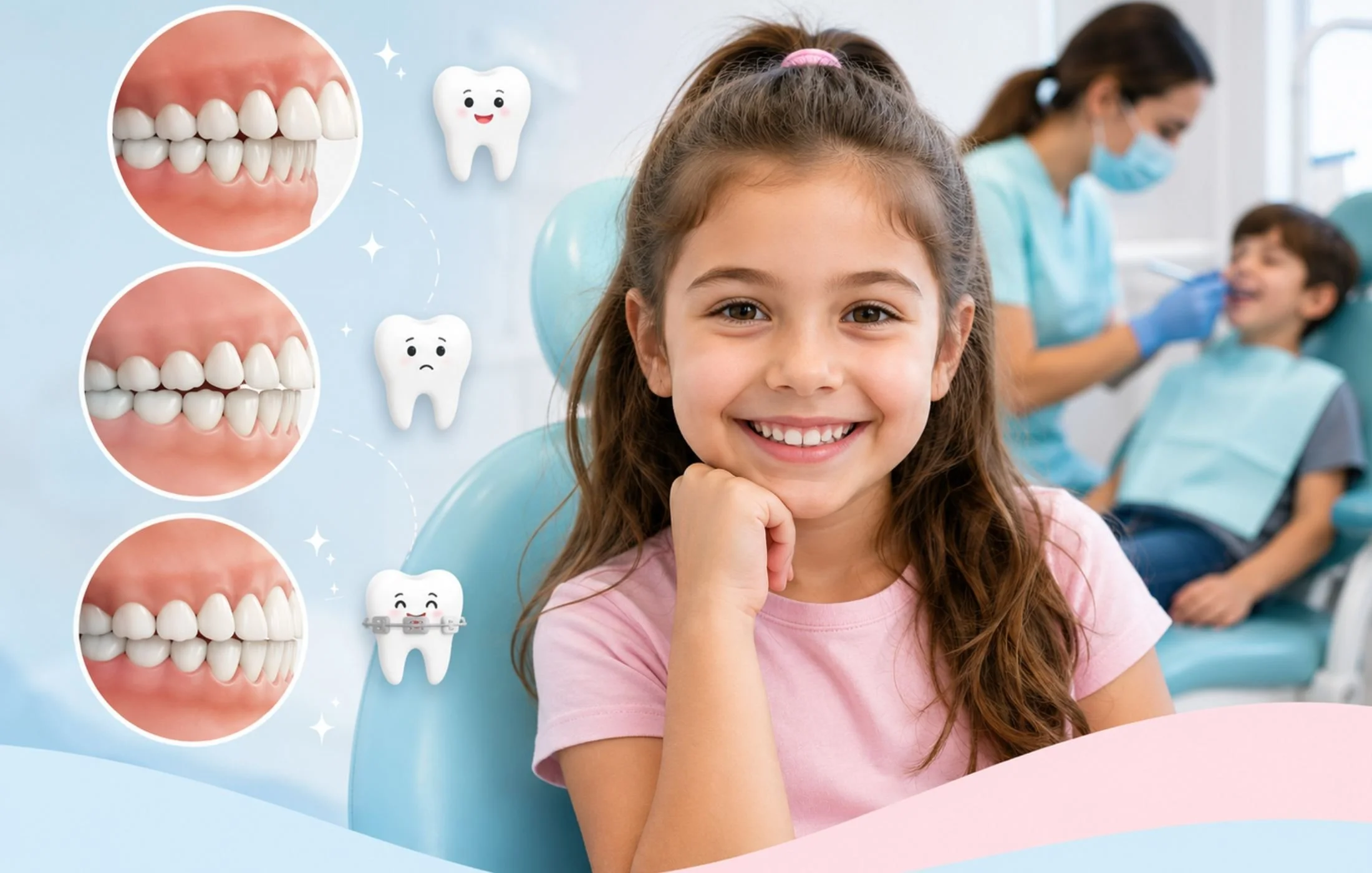 Smiling child at a pediatric dental clinic with bite alignment illustrations showing overbite, underbite, and crossbite, highlighting early orthodontic evaluation and healthy smile development.