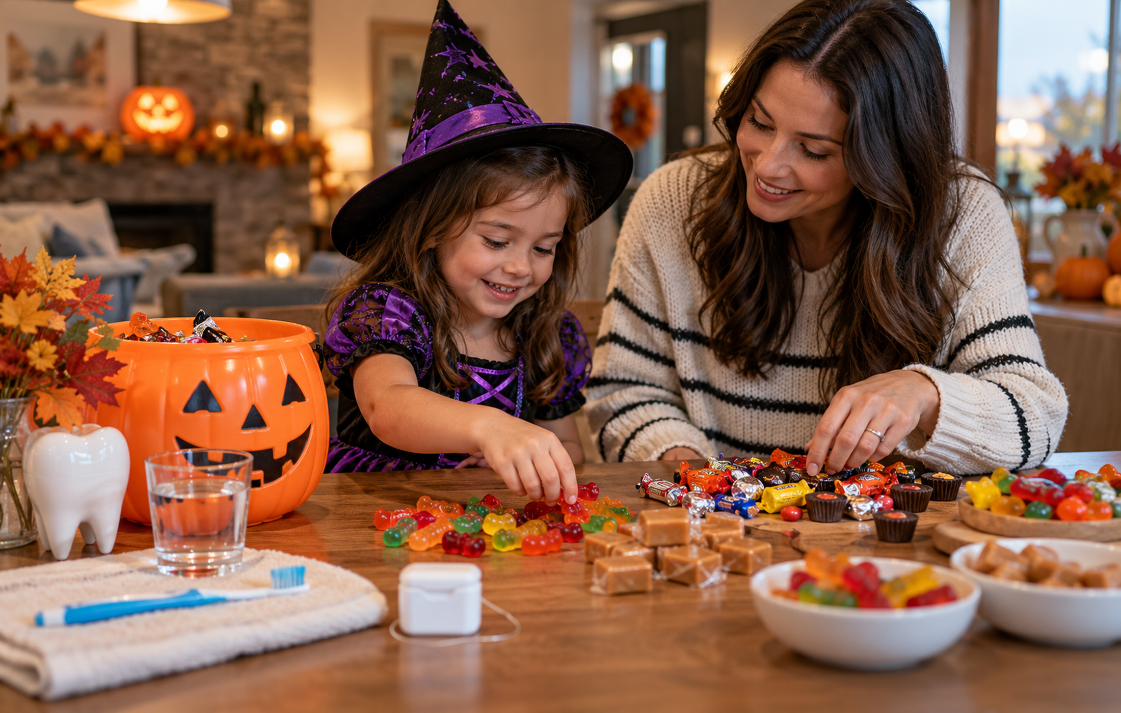 Child in a Halloween costume sorting sticky candy with a parent beside a toothbrush, floss, and water for healthy teeth.