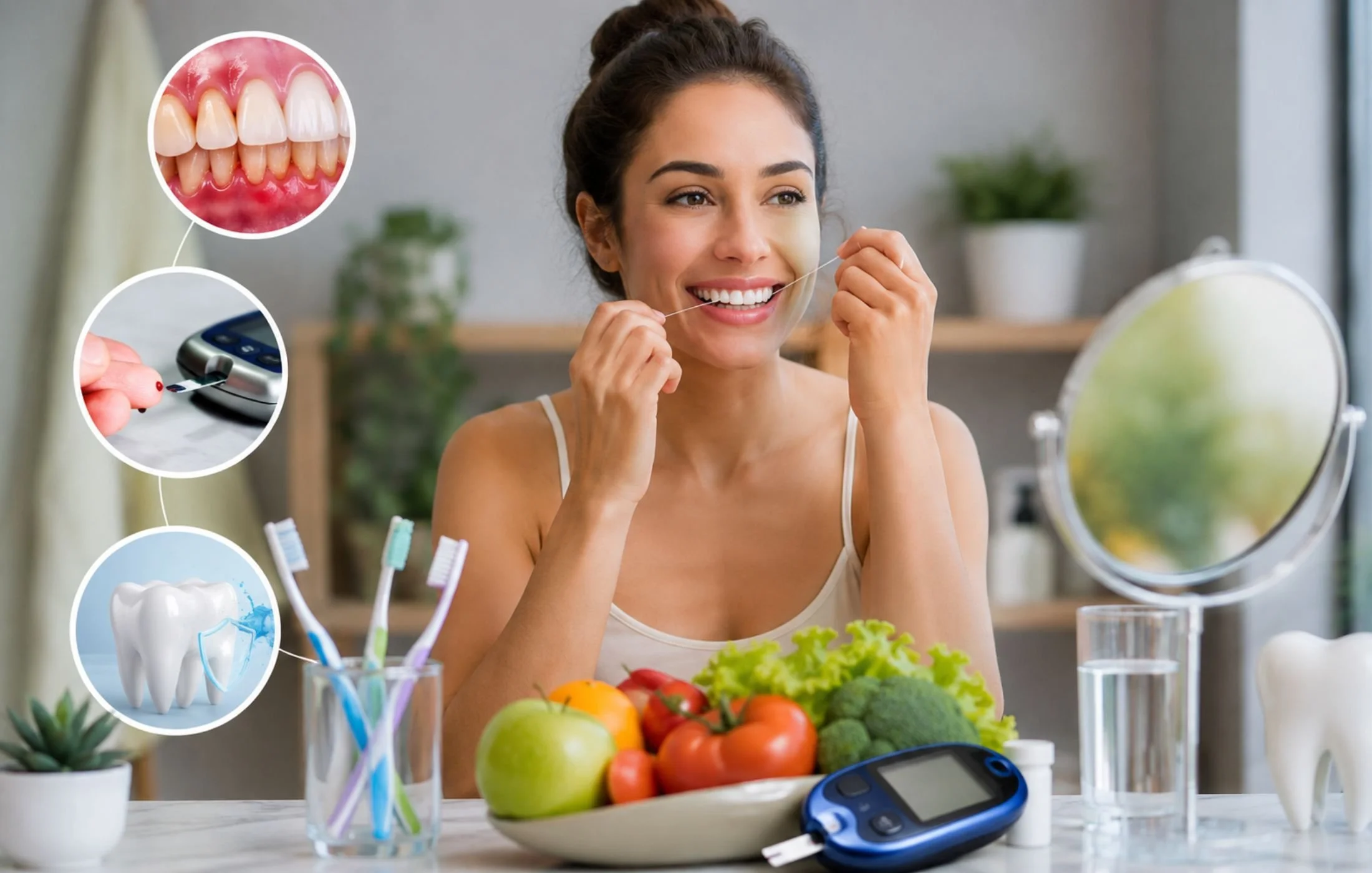 Woman flossing her teeth beside a blood glucose meter and healthy foods, illustrating the connection between diabetes management and gum health.