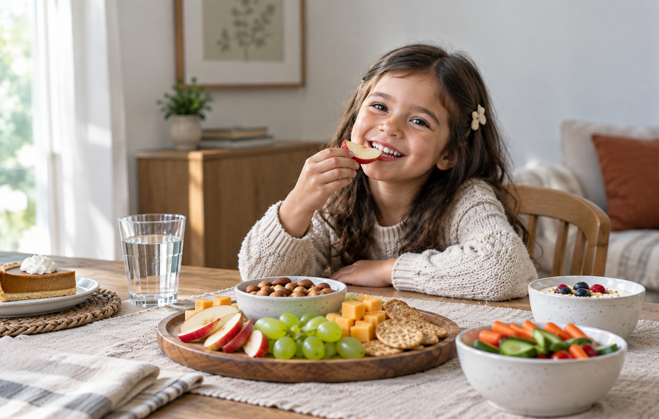 Children enjoying tooth-friendly Thanksgiving treats with fresh fruit, cheese, vegetables, yogurt, and water while learning healthy dental habits.