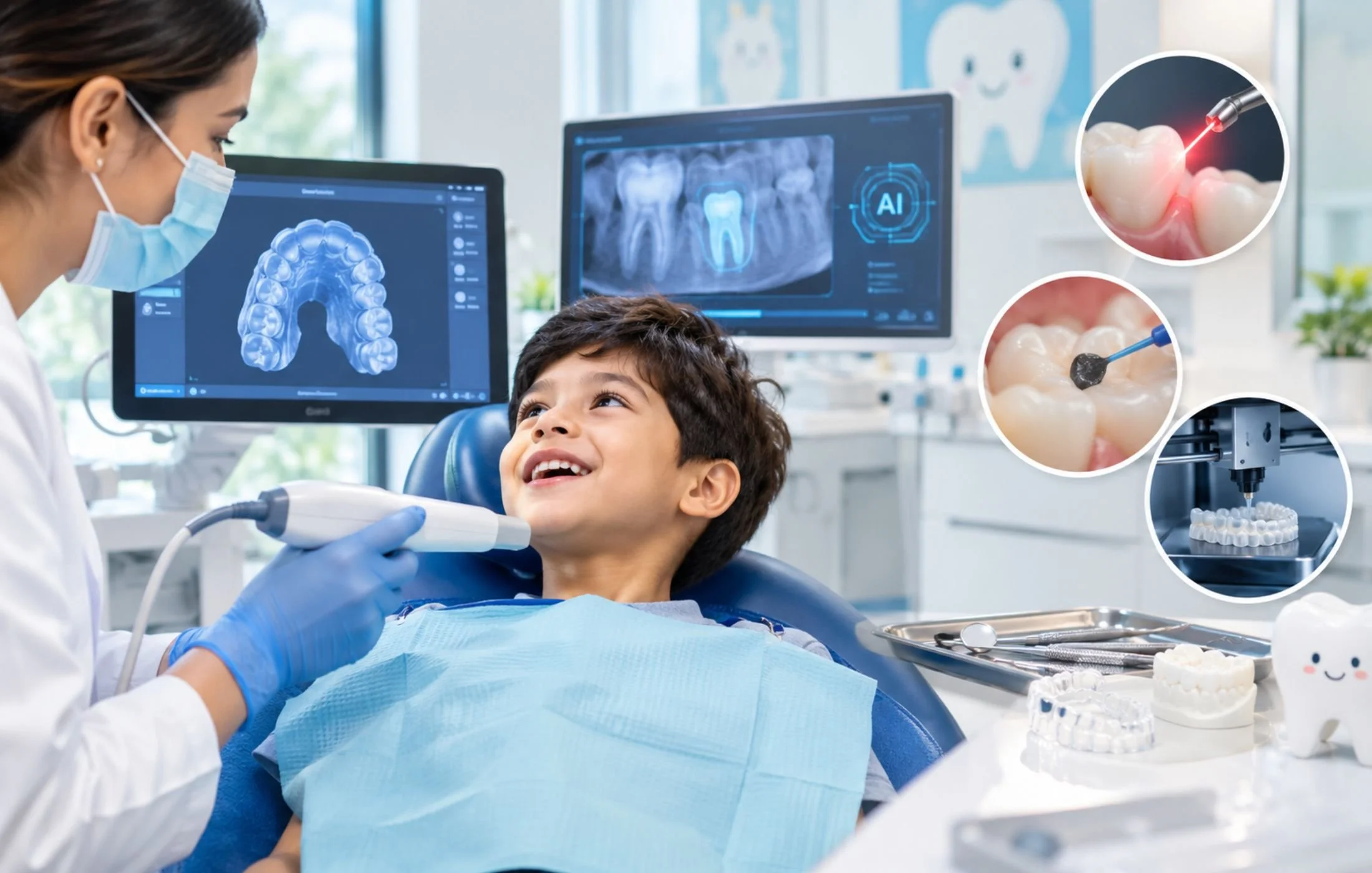 Boy receiving a digital dental scan from a dentist in a modern pediatric dental clinic with advanced dental technology.