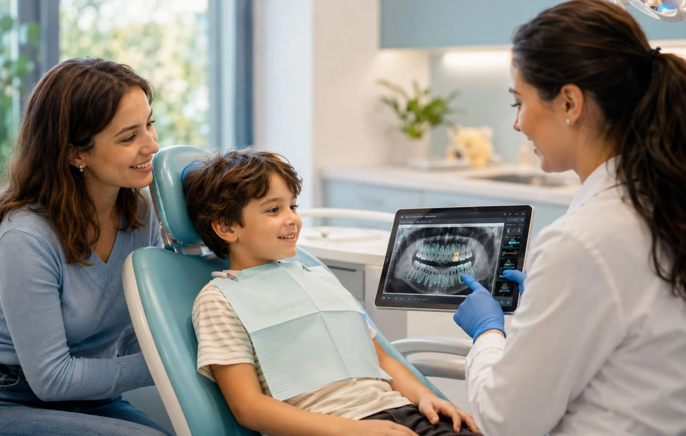 Pediatric dentist using AI-assisted dental X-ray analysis while explaining results to a child patient and parent.