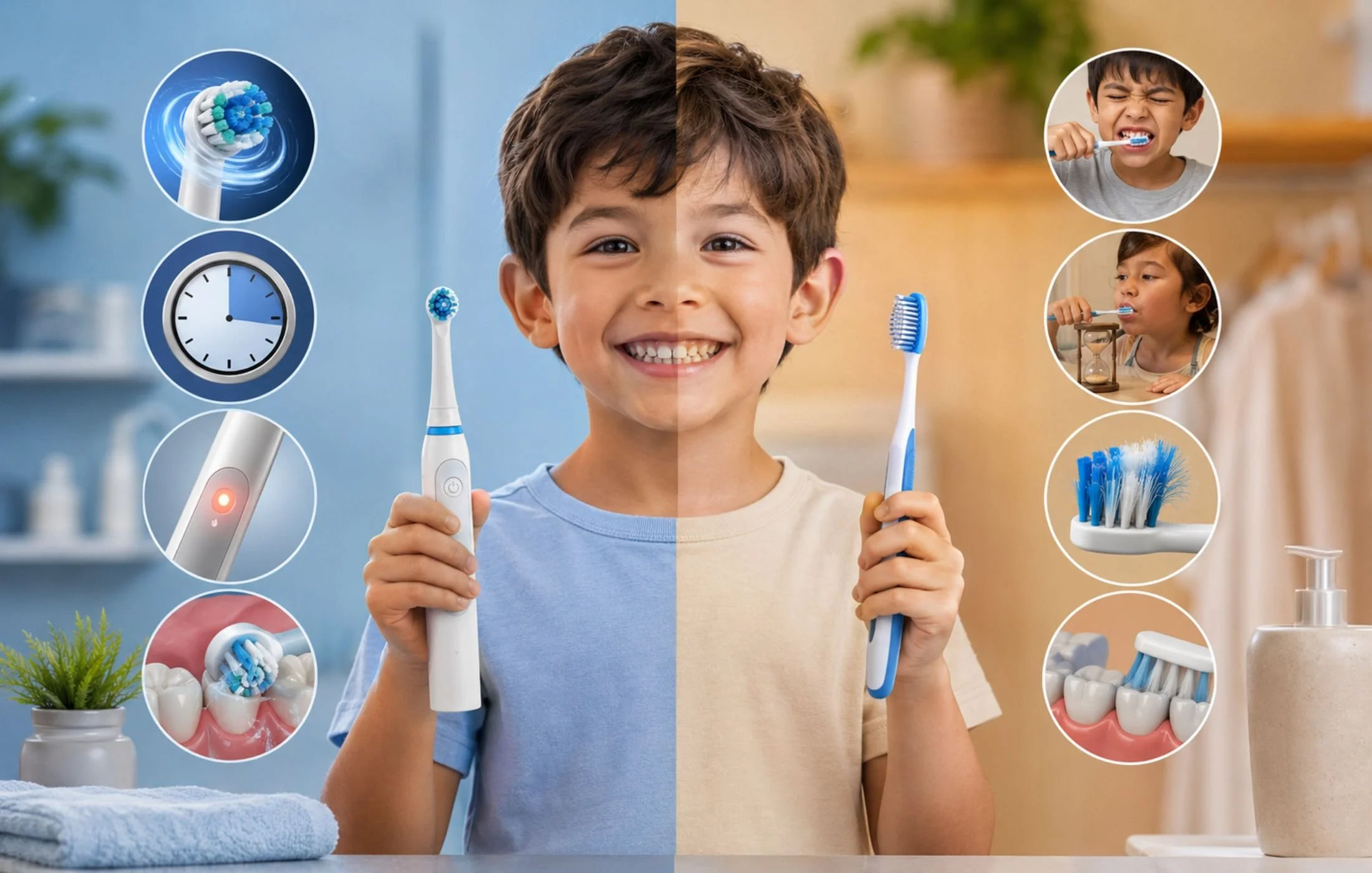 Child holding electric and manual toothbrushes for comparison