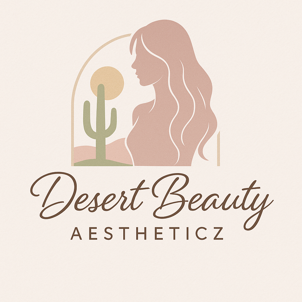 Logo for Desert Beauty Aestheticz featuring a silhouette of a woman with flowing hair, a cactus, and a sun in a desert scene, with the business name written in elegant script.