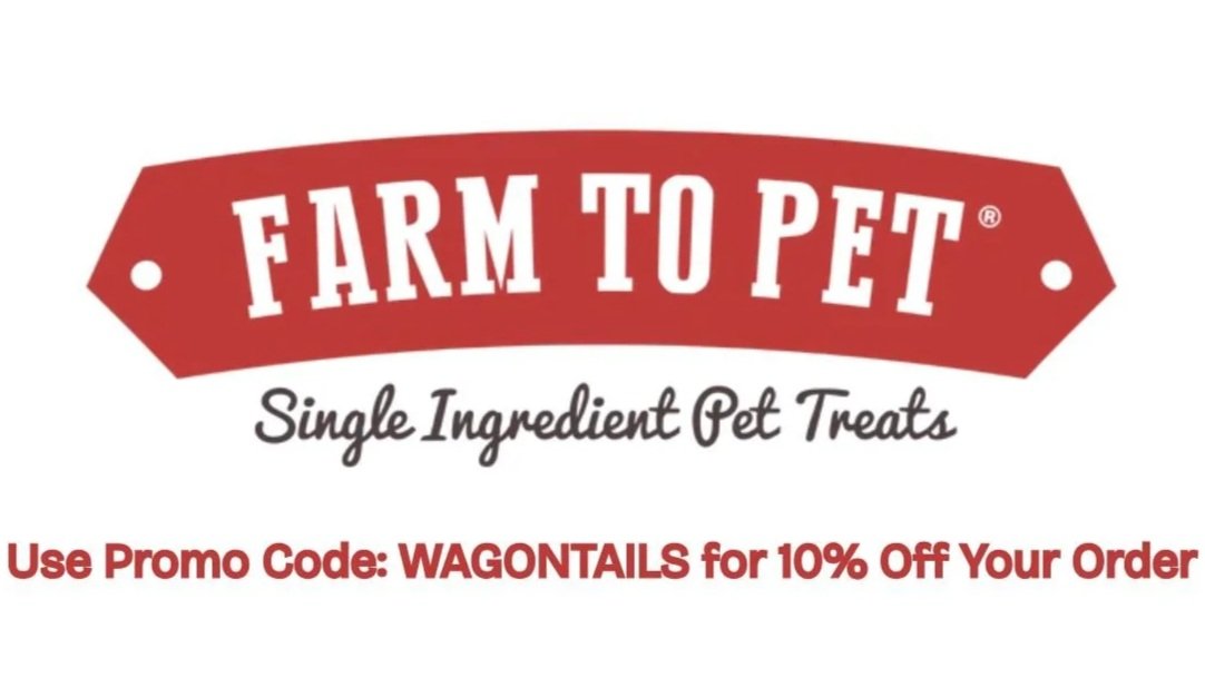 Farm to Pet logo with a red banner and black text, promoting single ingredient pet treats and a discount code for orders.