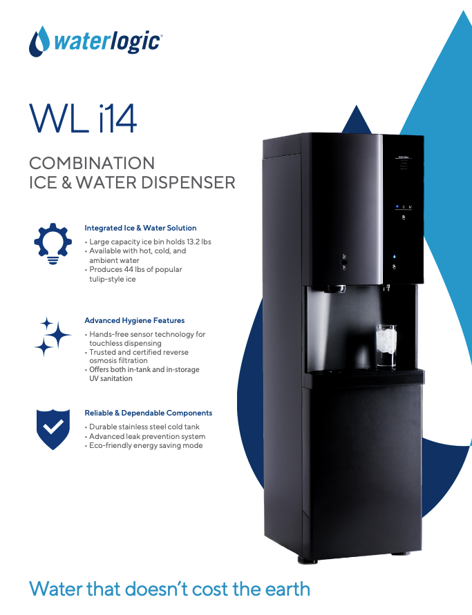 Waterlogic WL il4 ice and water dispenser machine with features listed.