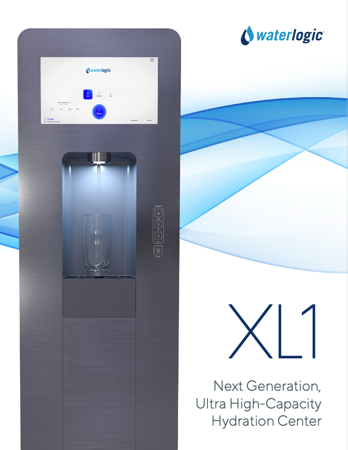 A Waterlogic XL1 water dispenser with a digital control panel, dispensing water into a glass. The dispenser has a sleek silver design and features various control buttons on the right side.