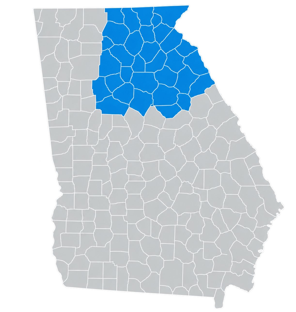 Map of Georgia highlighting the northern counties in blue.