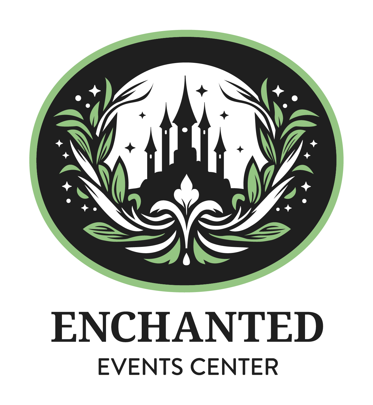Logo for Enchanted Events Center featuring a castle surrounded by a leafy wreath and stars.