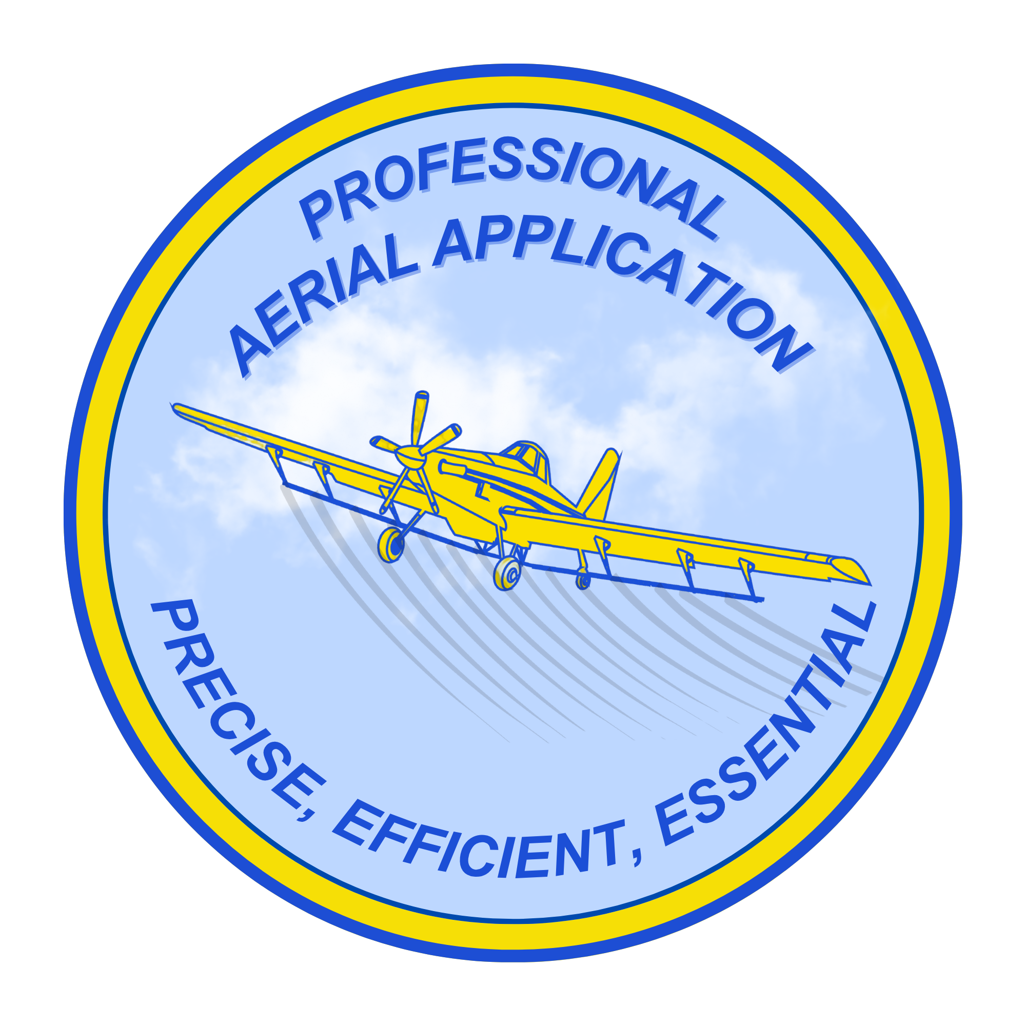 Emblem of the Federal Aviation Administration featuring a yellow airplane in flight against a blue sky with clouds, and the text 'Professional Aerial Application' and 'Precise, Efficient, Essential' around the edge.