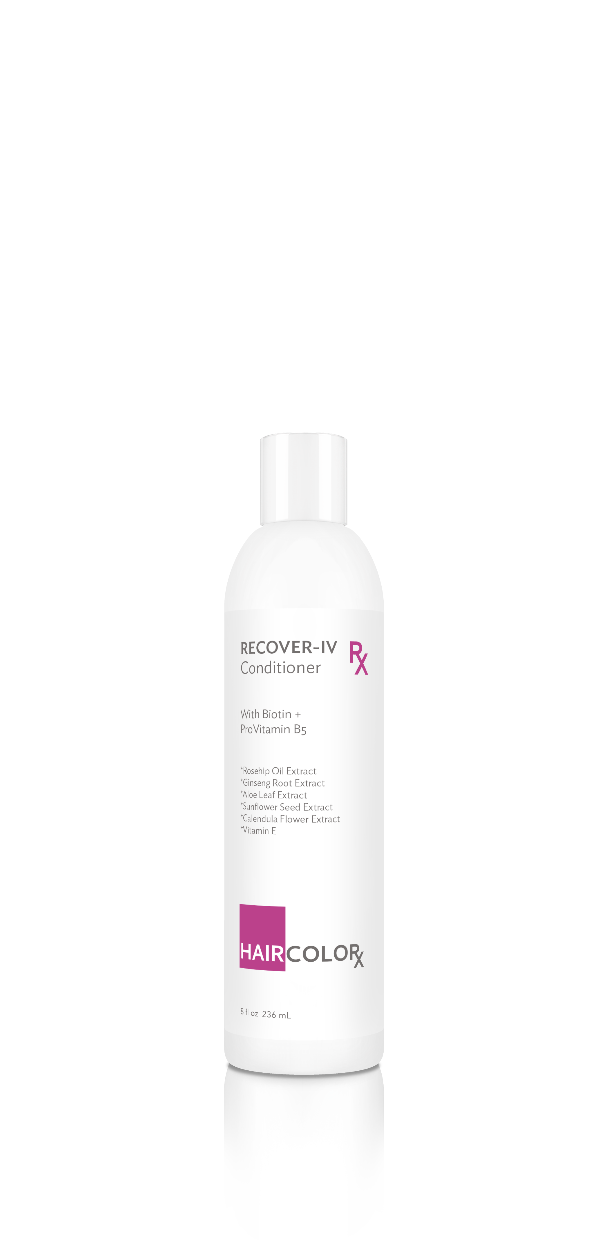 A white bottle of hair conditioner labeled 'RECOVER- IV Conditioner' with ingredients listed, placed on a white box against a black background.