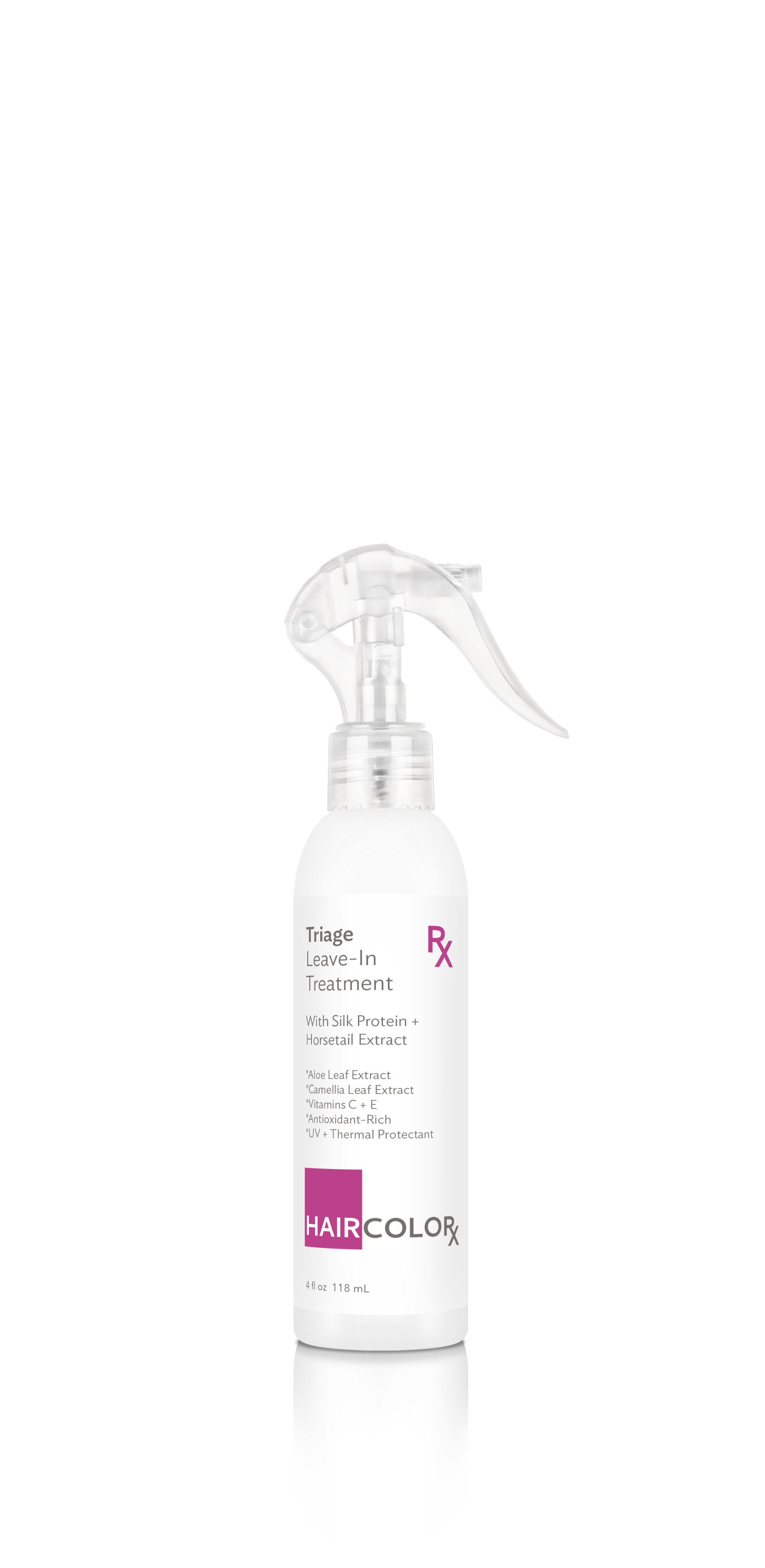 Bottle of Hair Color Triage Leave-In Treatment with spray nozzle, white label with pink and gray accents, mentioning silk protein, horsetail extract, aloe, camellia leaf extract, vitamins C and E, antioxidants, and UV protection, 4 oz (118 mL) size.