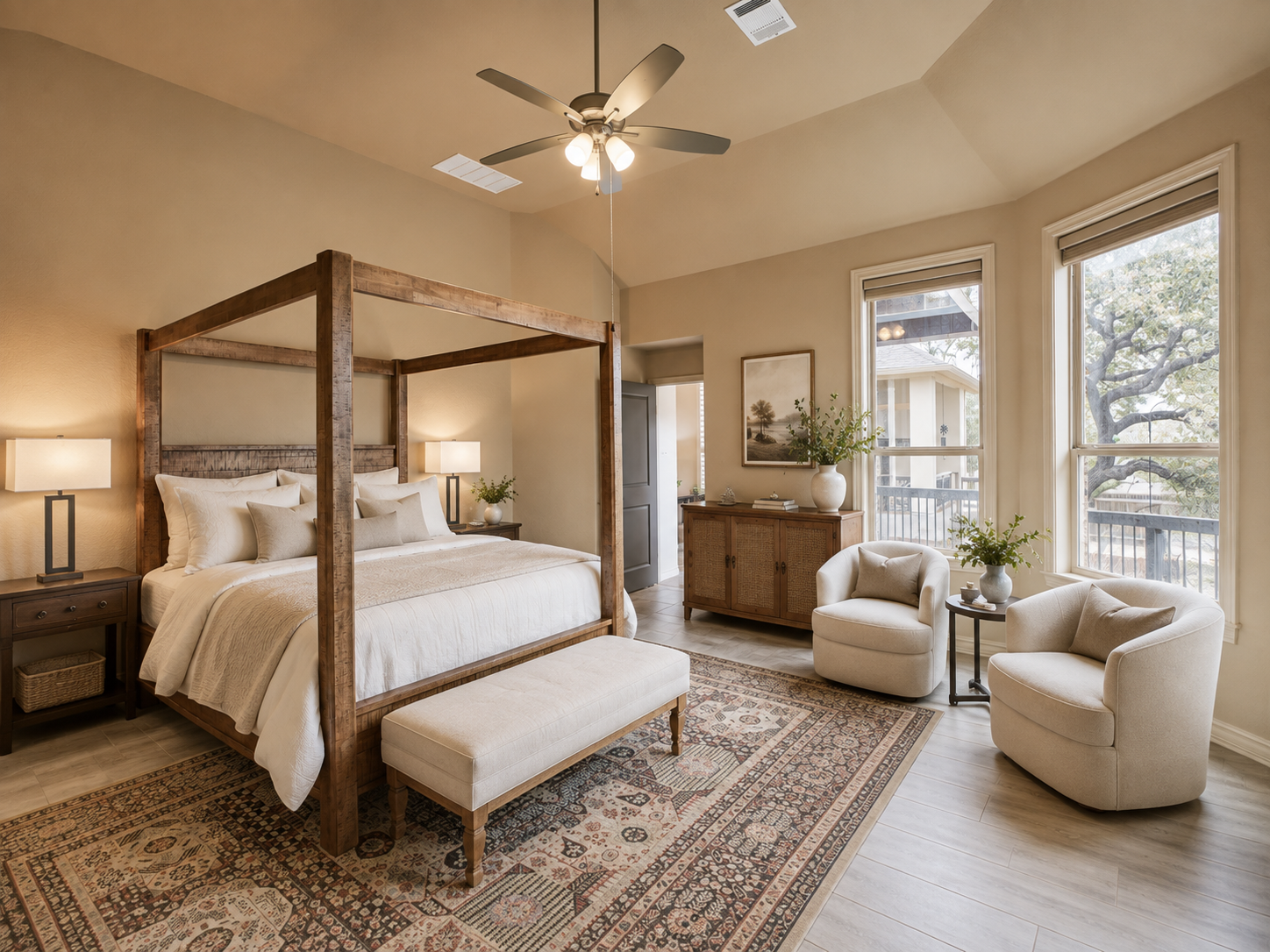 A cozy bedroom with a four-poster bed of 3051 Blenheim Park, Bulverde, Texas.