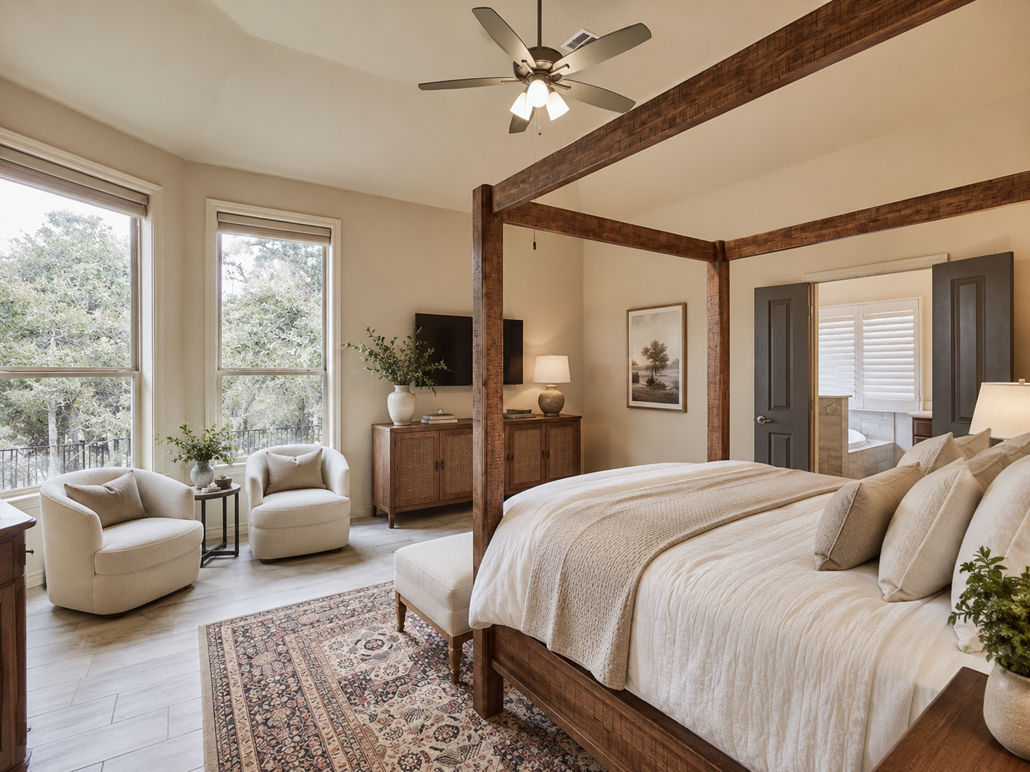Large bedroom with a wooden four-poster bed, beige bedding, and matching pillows at 3051 Blenheim Park, Bulverde, Texas.