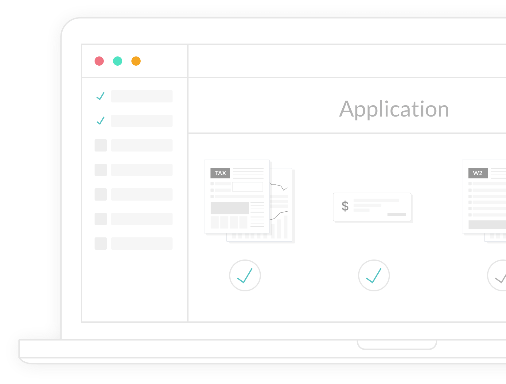 Close-up of a laptop screen displaying a project management or application interface with checkboxes, documents, and progress indicators.