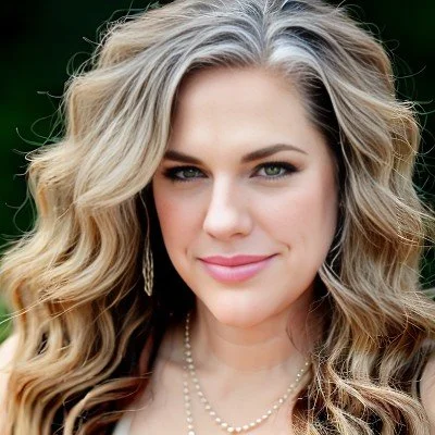 Close-up of a woman with long, wavy blonde hair, blue eyes, and light makeup, outdoors with a blurred green background.