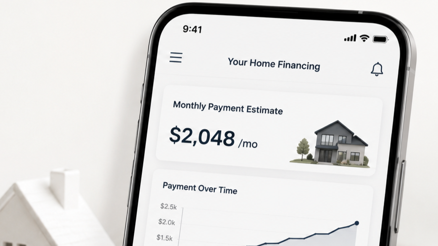 Home financing dashboard showing a mortgage payment estimate, payment graph, and loan breakdown for Texas home buyers.