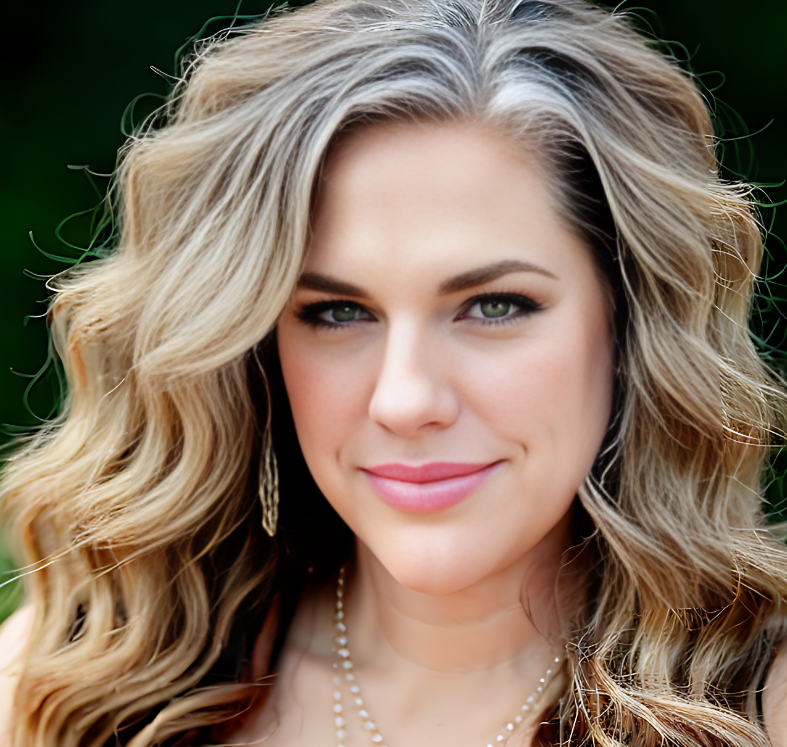 Close-up portrait of a woman with long wavy blonde hair, blue eyes, pink lipstick, and wearing pearl jewelry, smiling outdoors against a blurred green background.