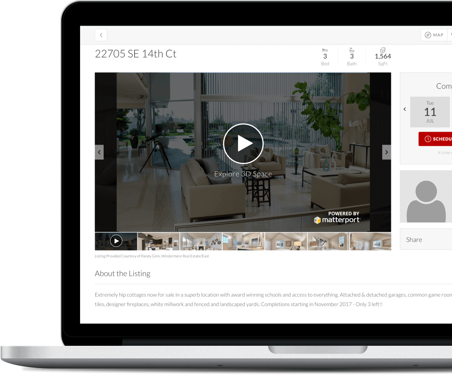 Screenshot of a real estate listing webpage showing a bright, modern living room with large windows, white furniture, and a view of a green outdoor area. The listing mentions three bedrooms, three bathrooms, and 1,564 square feet. There is a play button in the center for a 3D virtual tour.