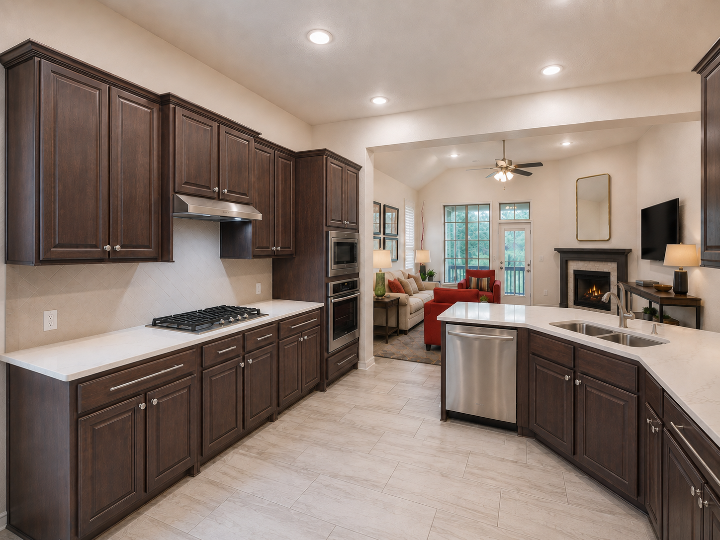 Kitchen with dark wood cabinets, white countertops, stainless steel appliances of 3051 Blenheim Park, Bulverde, Texas.