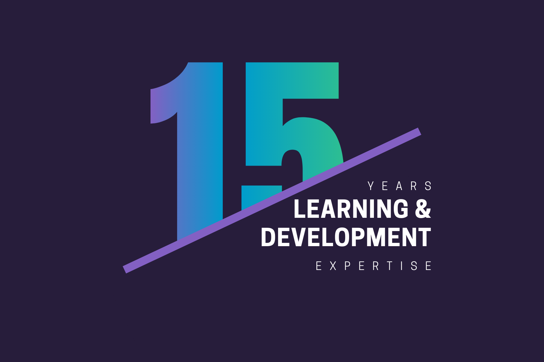 Graphic celebrating 15 years of learning and development expertise, featuring a large number 15 with a gradient blue and teal color, a diagonal purple line, and white text on a dark background.