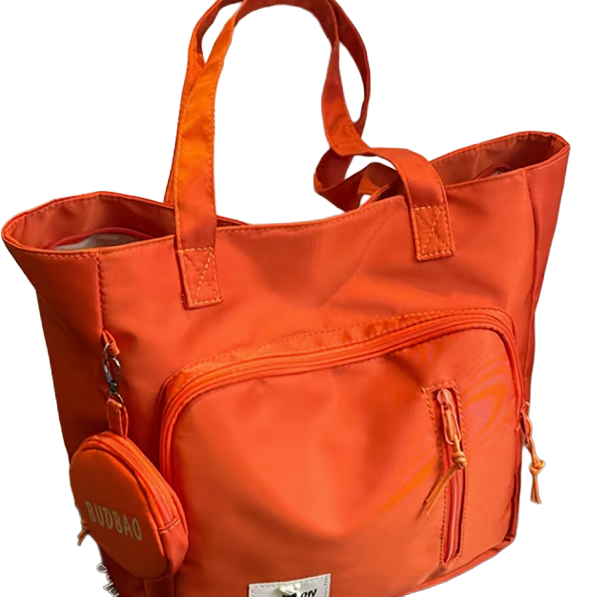 An orange tote bag with two handles and multiple zippered compartments.