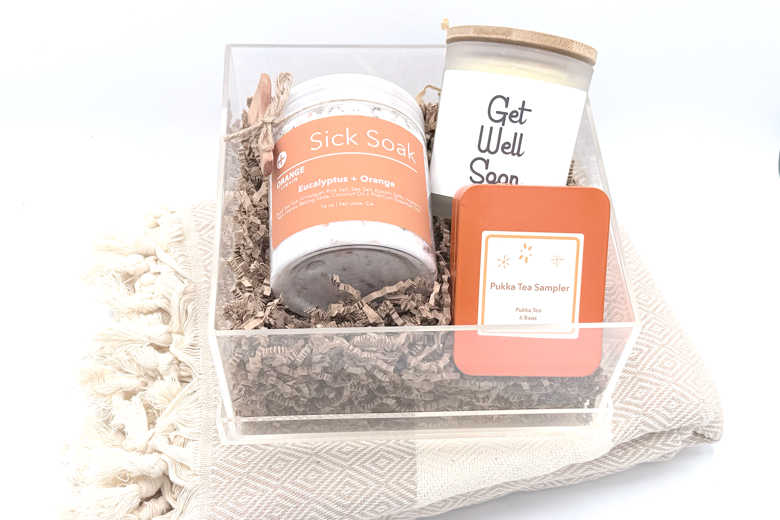 Get Well Soon Gift Box | Sick Soak Bath Salts, Candle, Tea Sampler + Cozy Blanket | Care Package