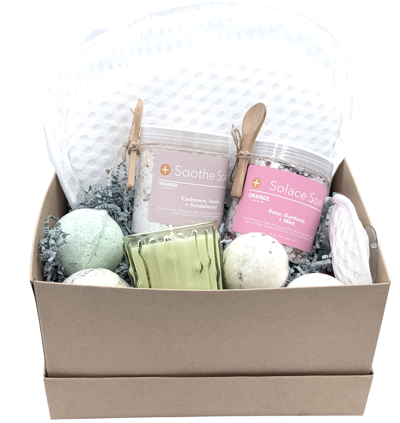 The Bath Lover's Gift Box | Two Bath Soaks, Bath Bombs, Candle + Bath Pillow