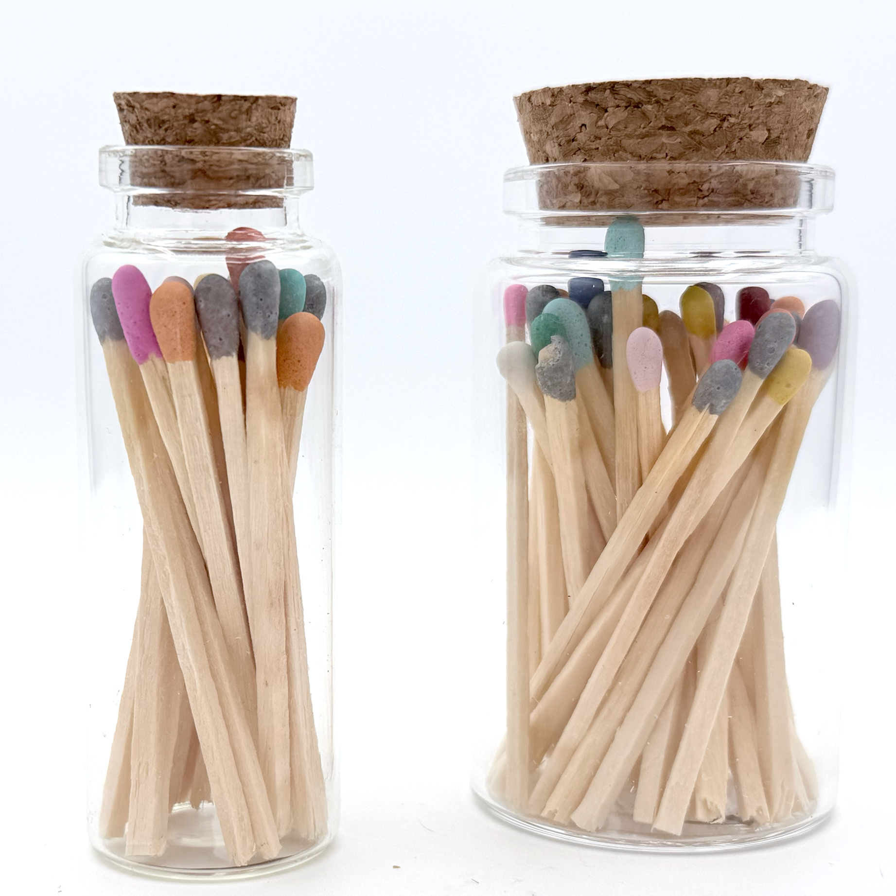 Colorful Match Jar | Corked Glass Bottle with Rainbow Tip Matches | Small or Large