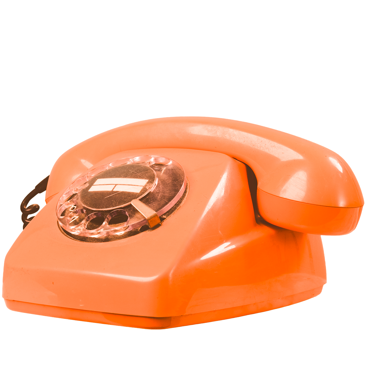 Close-up of an orange rotary dial telephone with a transparent receiver resting on the base.
