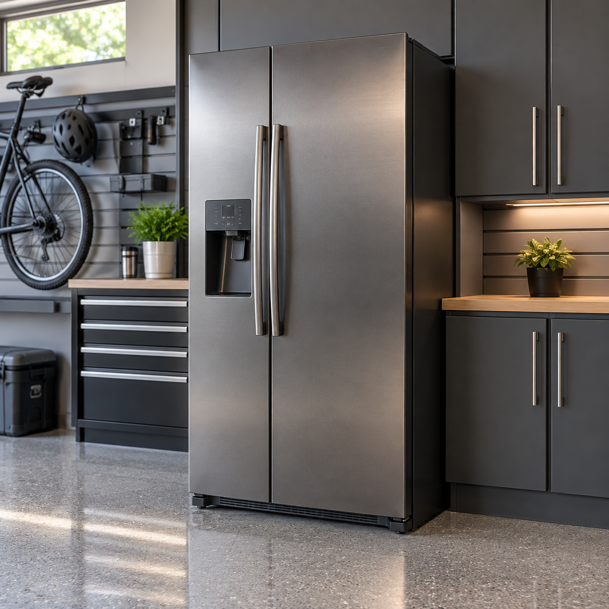 Dark refrigerator in a clean upscale garage