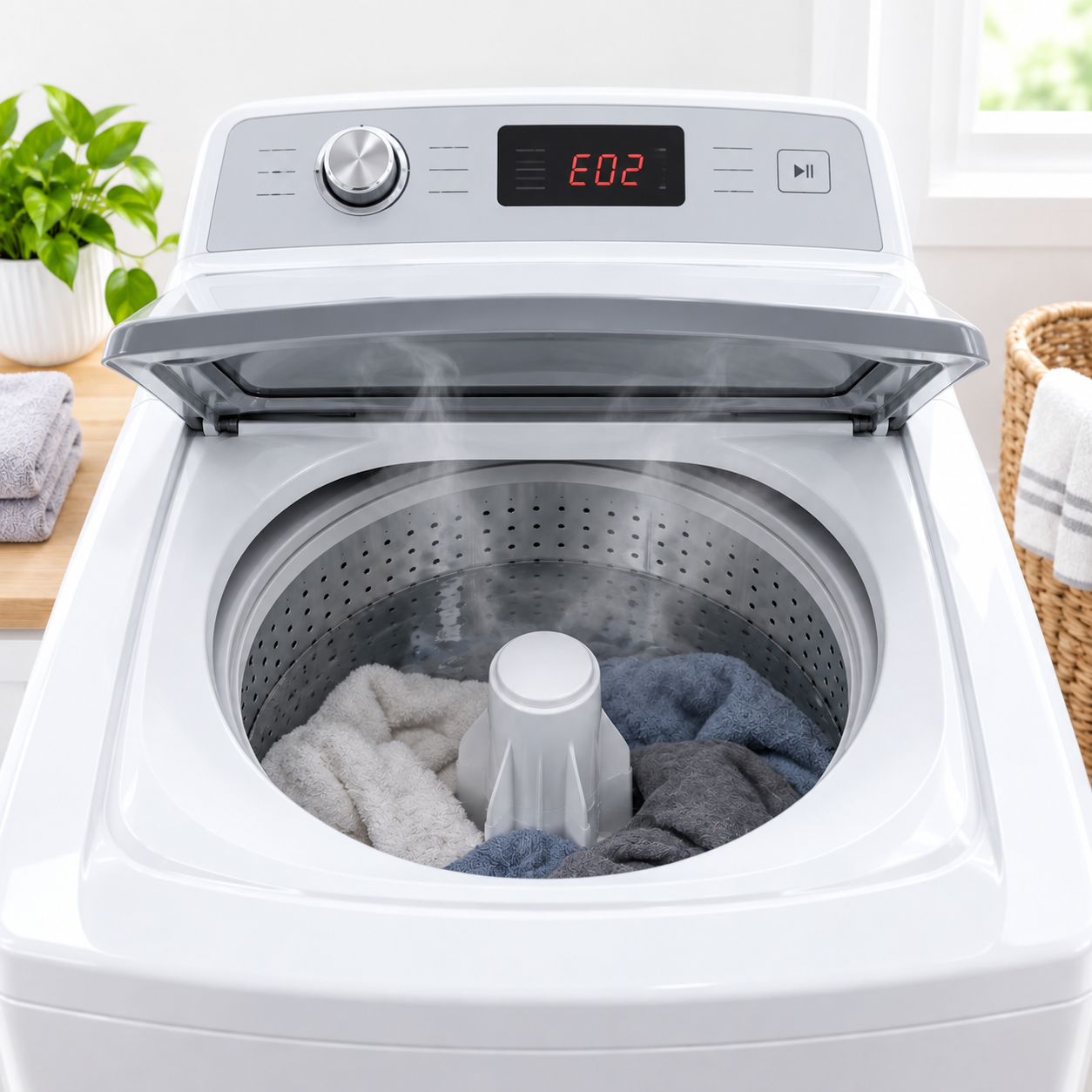 Top-loading washing machine displaying an error code.