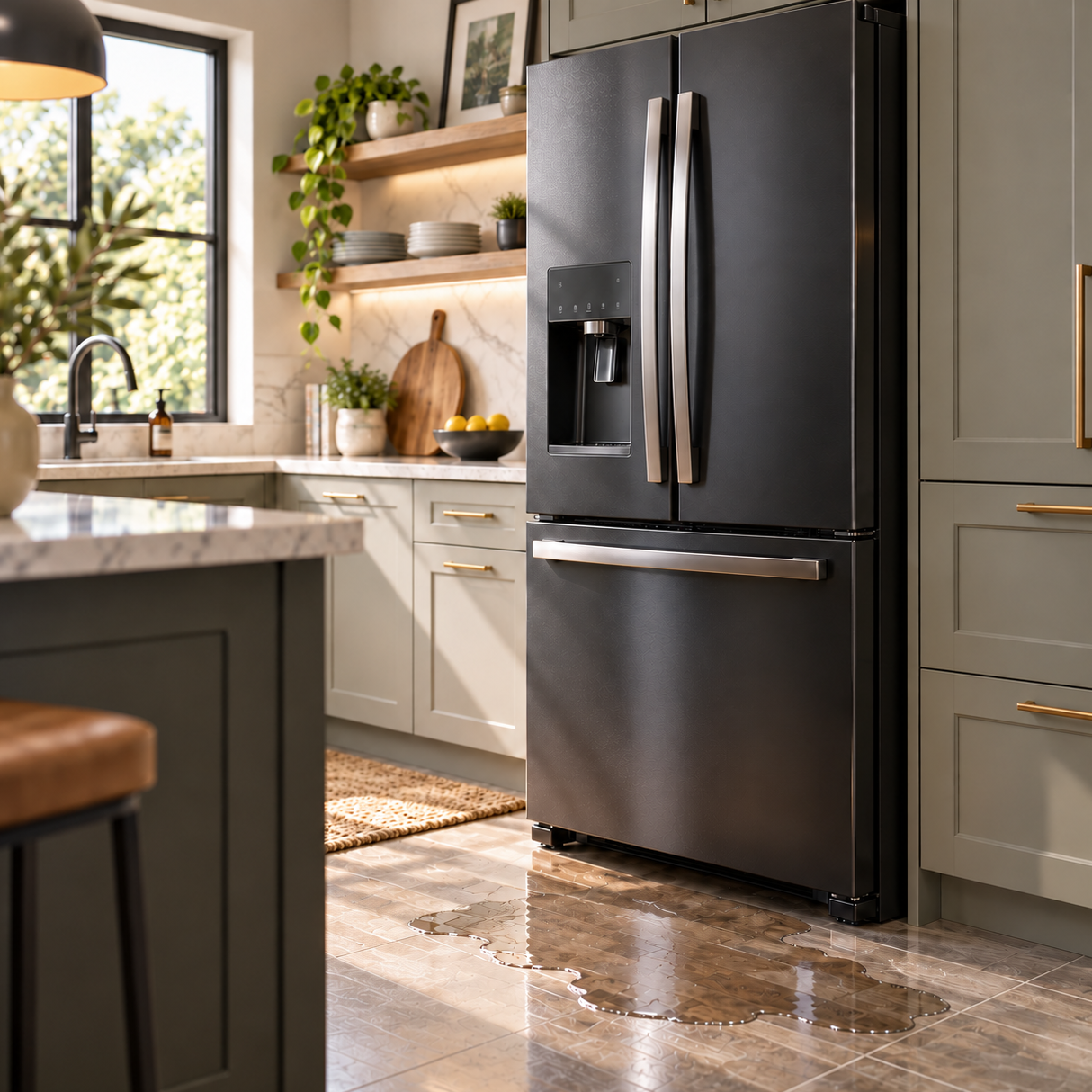 Black French door refrigerator with water pooled on the floor