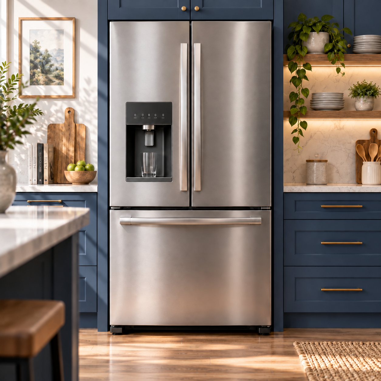 Stainless steel refrigerator with in-door ice dispenser and empty glass