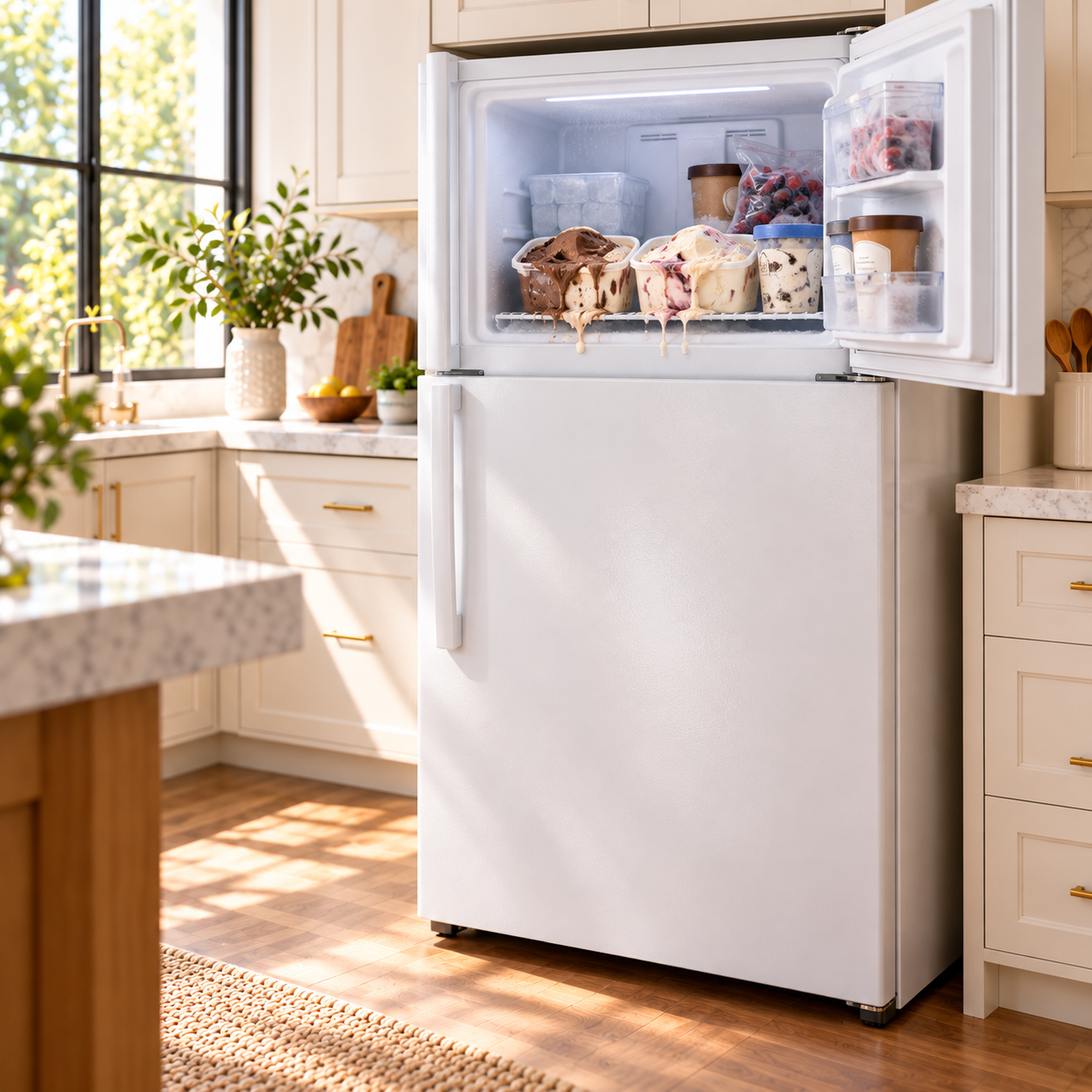 White top-freezer refrigerator with open freezer and melting ice cream