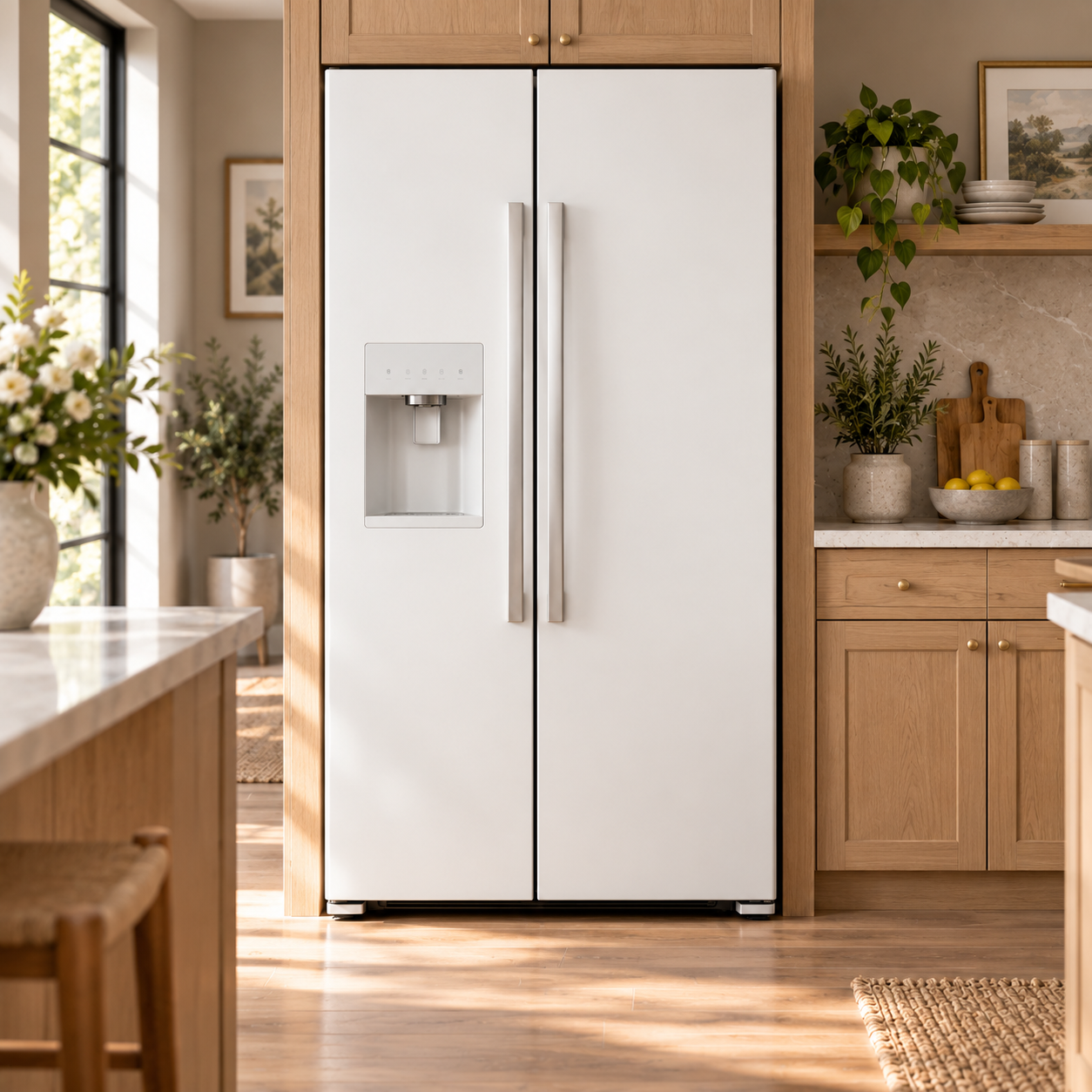 White side-by-side refrigerator in a modern kitchen